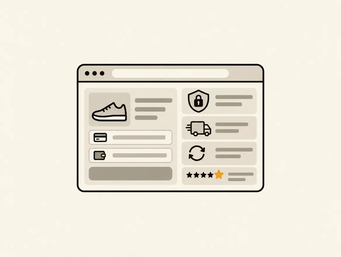 A minimalist illustration of an e-commerce checkout page highlighting trust signals alongside a product summary, featuring a security shield, delivery truck, return arrows, and a star rating.