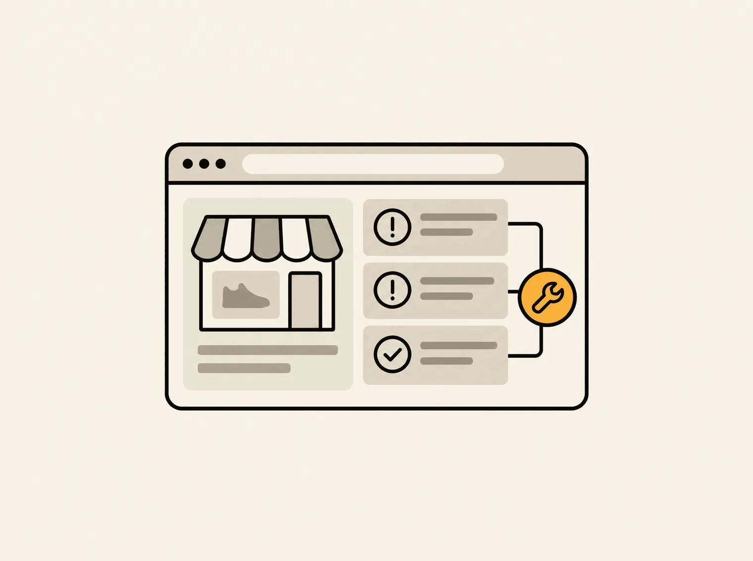 A minimalist illustration of a browser window showing a digital storefront next to an issue-tracking list, where alerts and resolved tasks connect to an orange wrench icon.