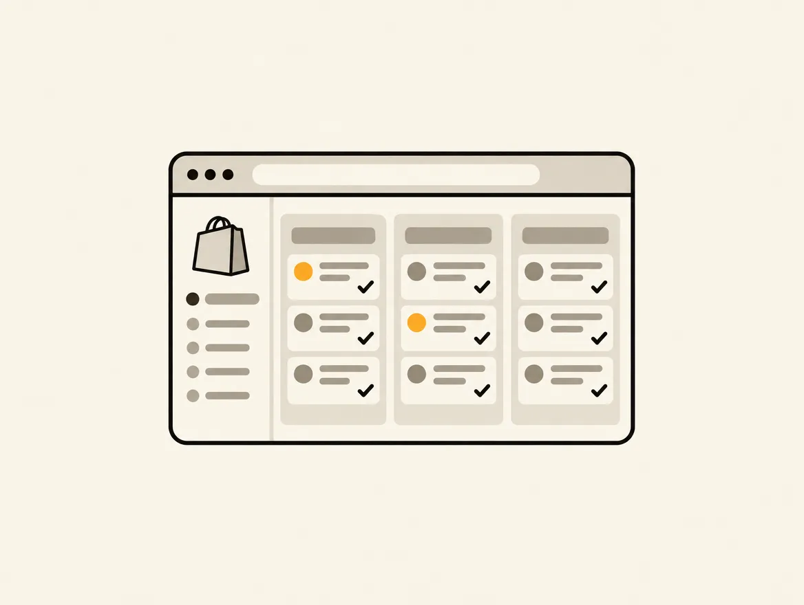 A minimalist illustration of an e-commerce task management dashboard showing a shopping bag alongside a Kanban board full of completed tasks.