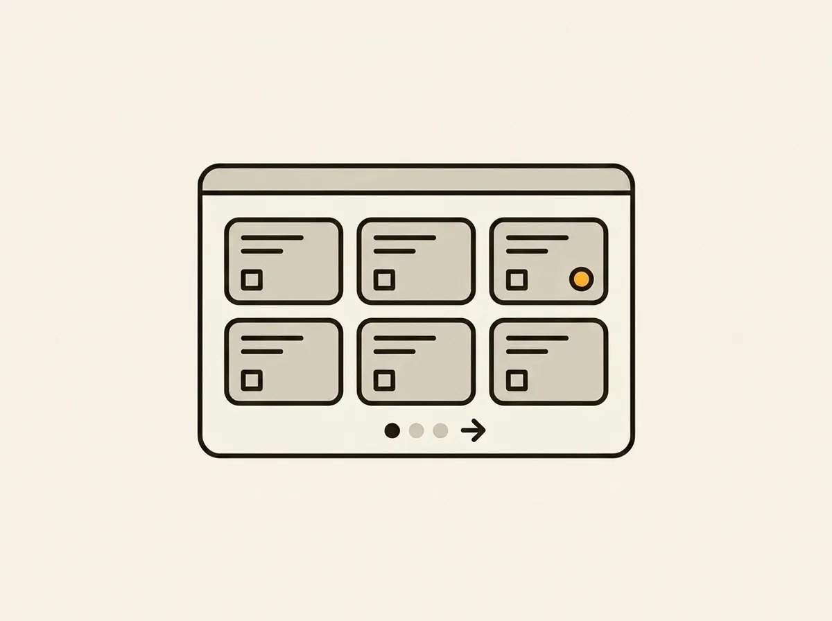A minimalist illustration of a browser window displaying a grid of six product cards, with pagination dots and navigation below.