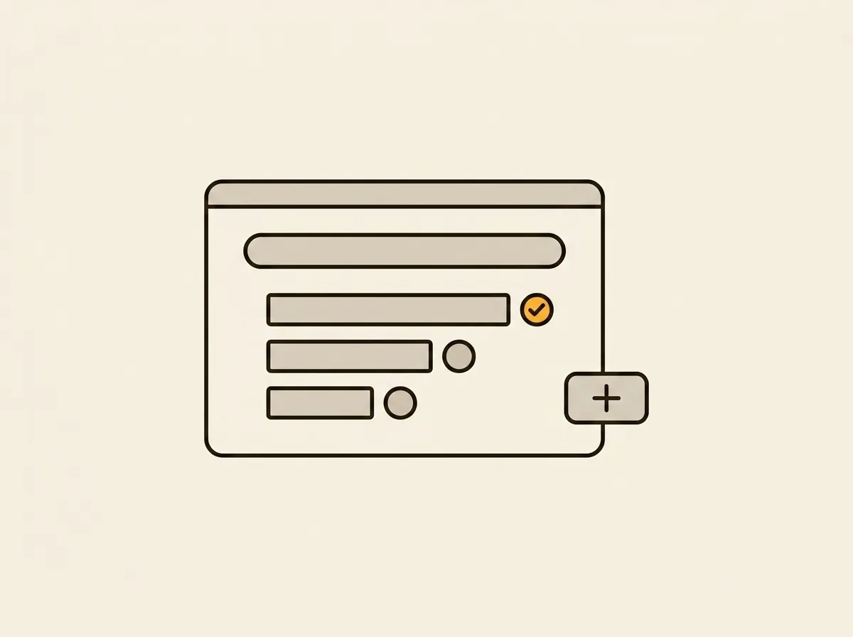 A minimalist illustration of a digital to-do list interface showing one completed task, two incomplete tasks, and a plus button to add more items.