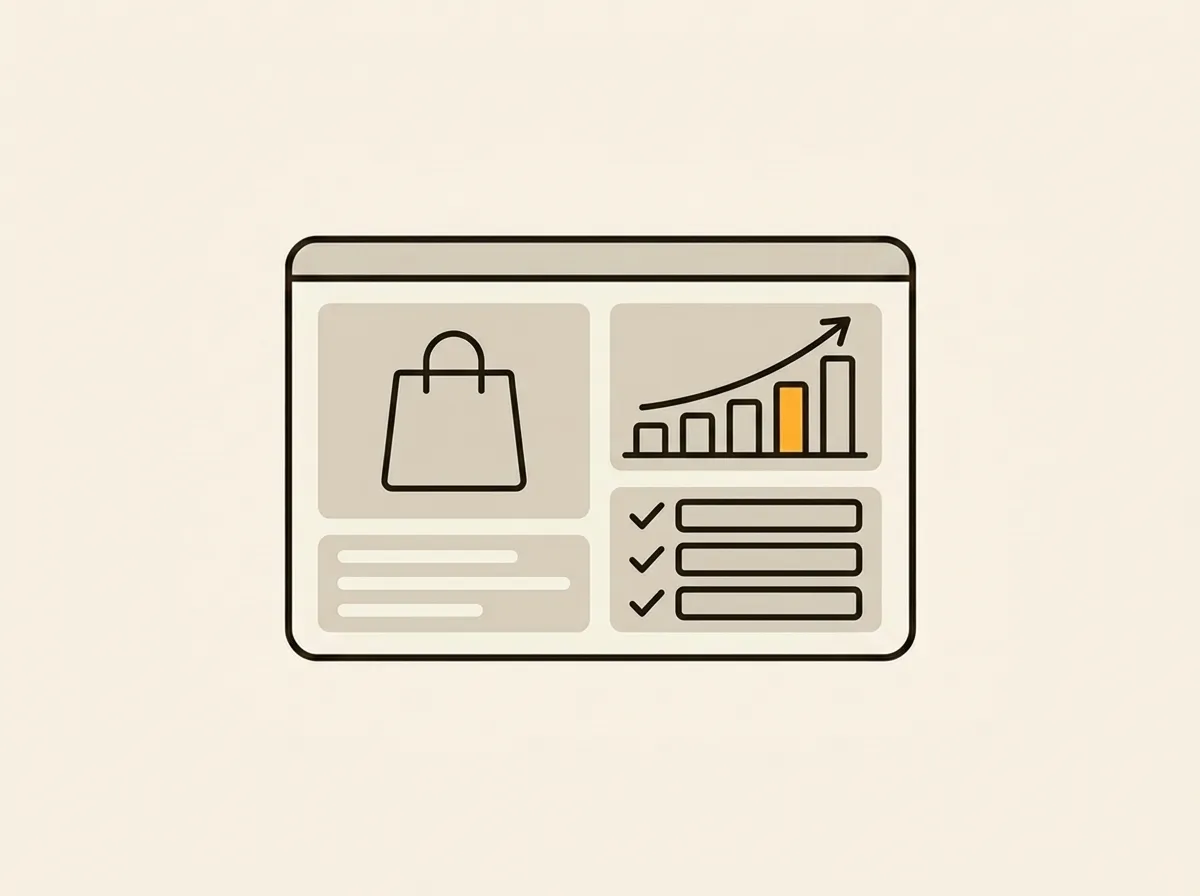 A minimalist illustration of an e-commerce dashboard showing a shopping bag, a rising growth chart, and an actionable checklist, representing audit software.