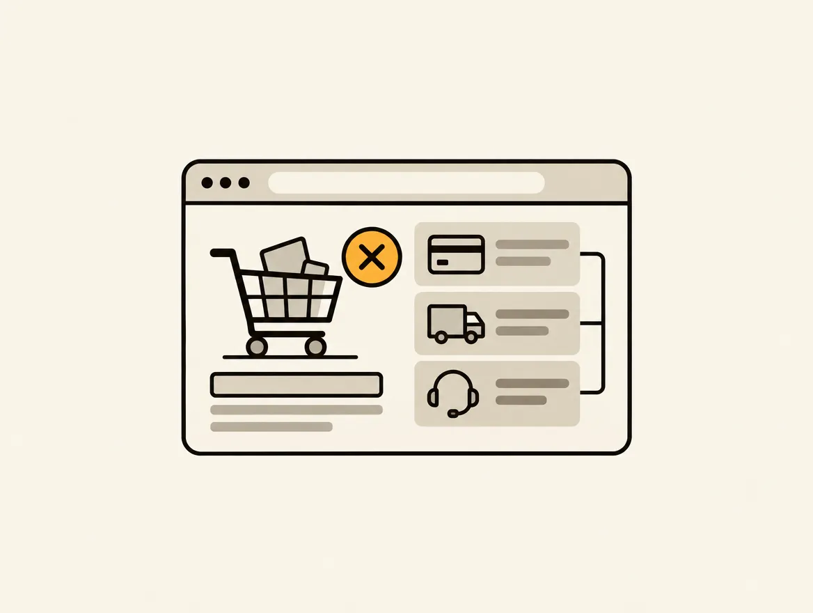A minimalist illustration of an e-commerce checkout page showing a shopping cart next to an orange 'X' error icon and sections for payment, shipping, and support, representing checkout abandonment causes.