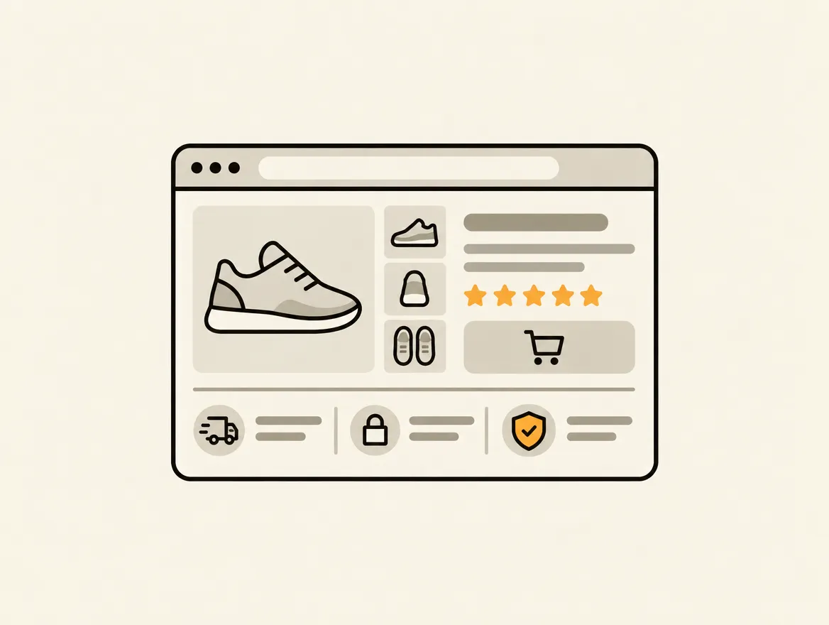 A minimalist illustration of an e-commerce product page layout featuring a shoe, a five-star rating, and prominent trust badges for shipping, security, and guarantees.