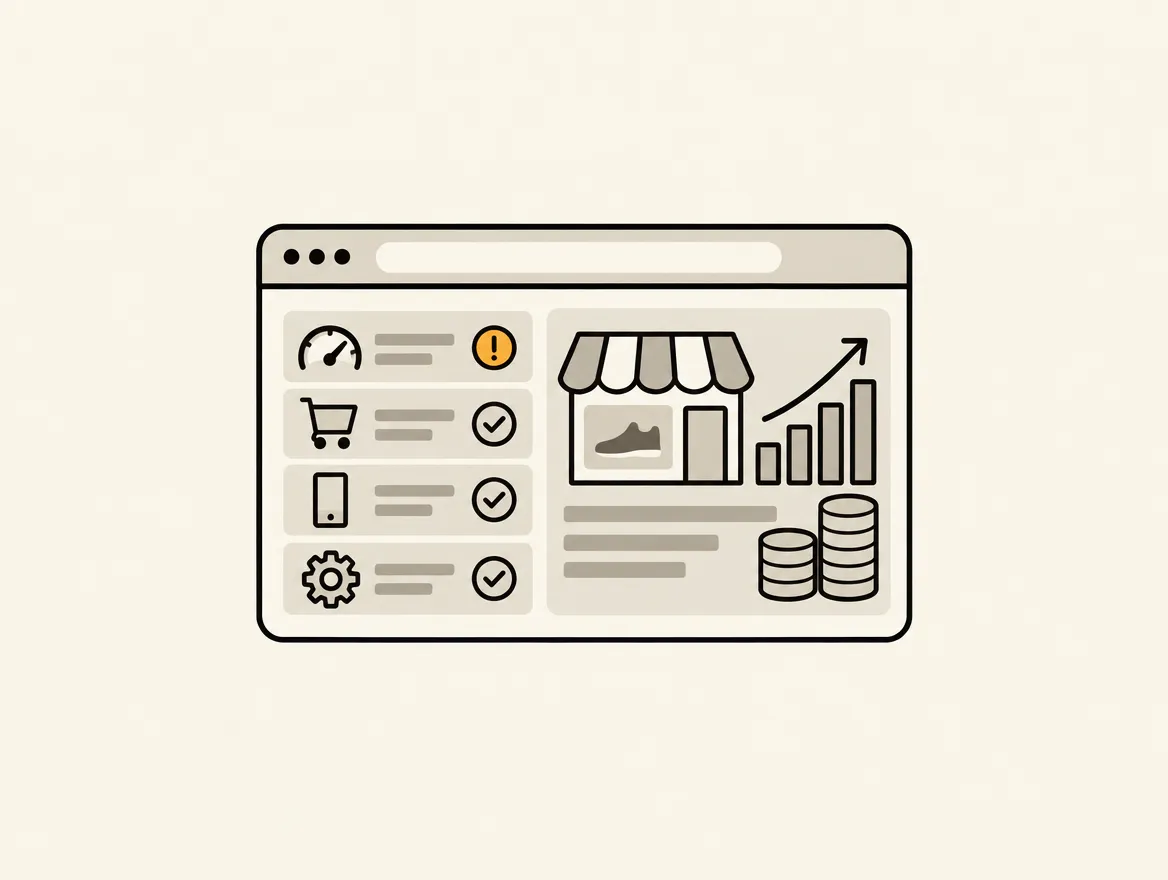 A minimalist illustration of a dropping sales chart inside a web browser next to a conversion funnel with a warning icon.