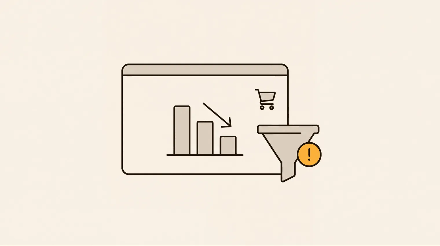 A minimalist illustration of a dropping sales chart inside a web browser next to a conversion funnel with a warning icon.