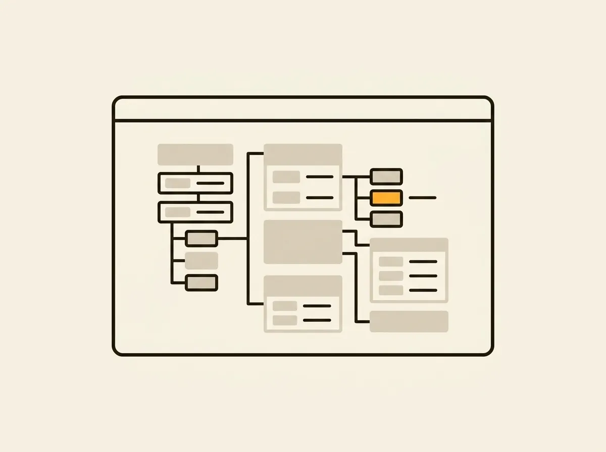 A stylized illustration of a computer window displaying a flowchart or sitemap, with connected rectangular boxes outlining a structural hierarchy.