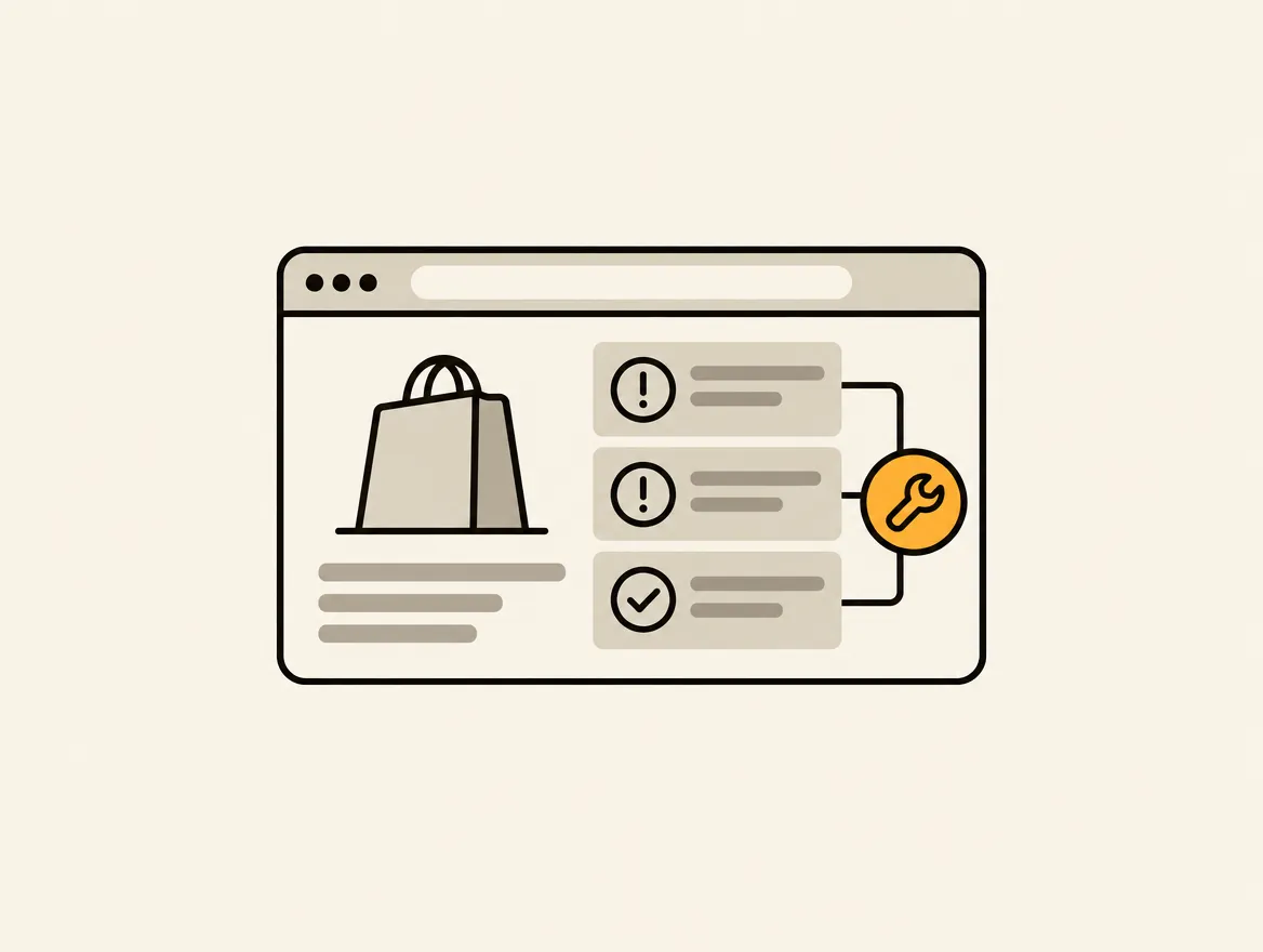 A minimalist illustration of a browser window showing a shopping bag next to an issue-tracking list, where alerts and resolved tasks connect to an orange wrench icon.
