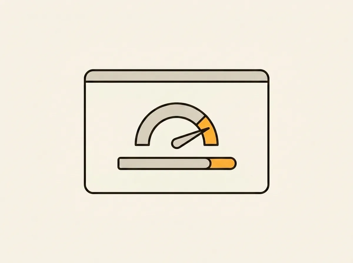 Minimalist graphic of a speedometer in a browser illustrating fast LCP load times.