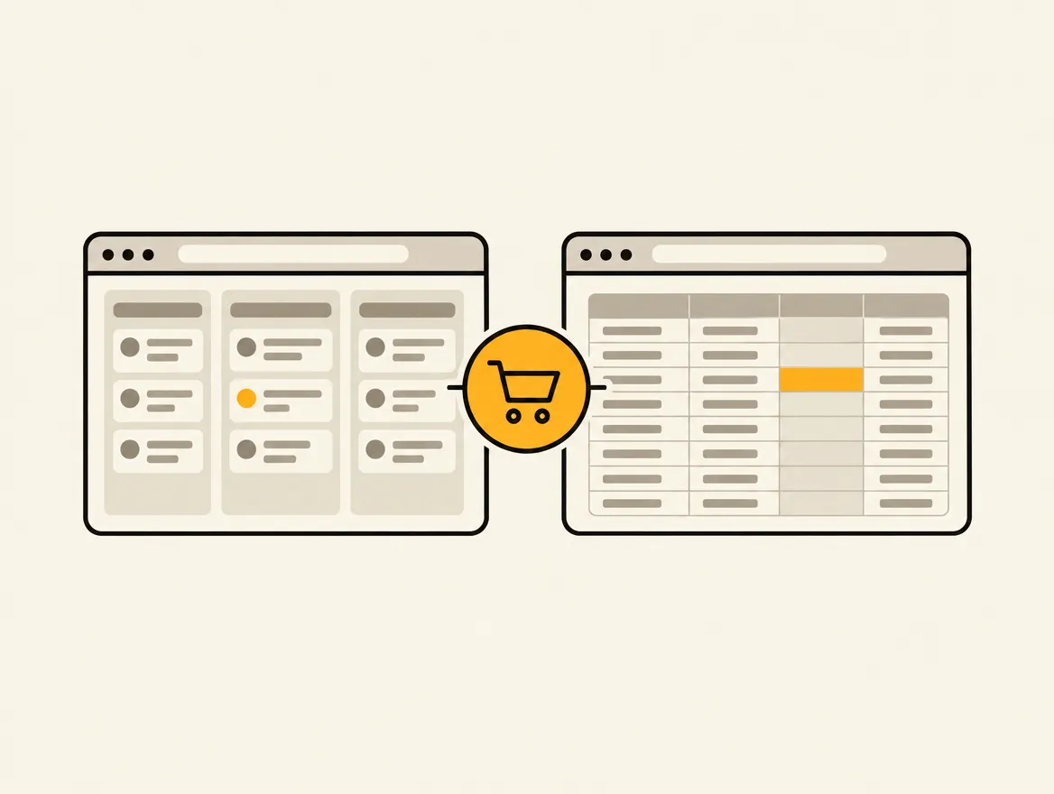 A minimalist illustration comparing a three-column Kanban task board on the left to a traditional spreadsheet on the right, separated by an orange shopping cart icon to represent e-commerce management.