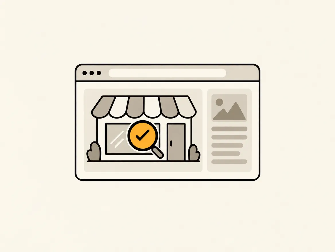 A minimalist illustration of a browser window showing a magnifying glass with an orange checkmark inspecting a digital storefront, representing the verification of website fixes.