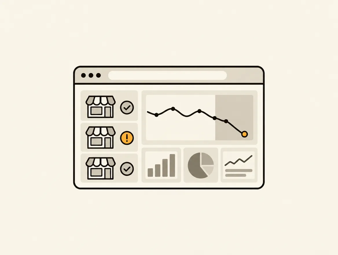 A minimalist illustration of a digital dashboard showing a downward-trending line chart and a list of storefront icons with status indicators, representing daily regression monitoring.
