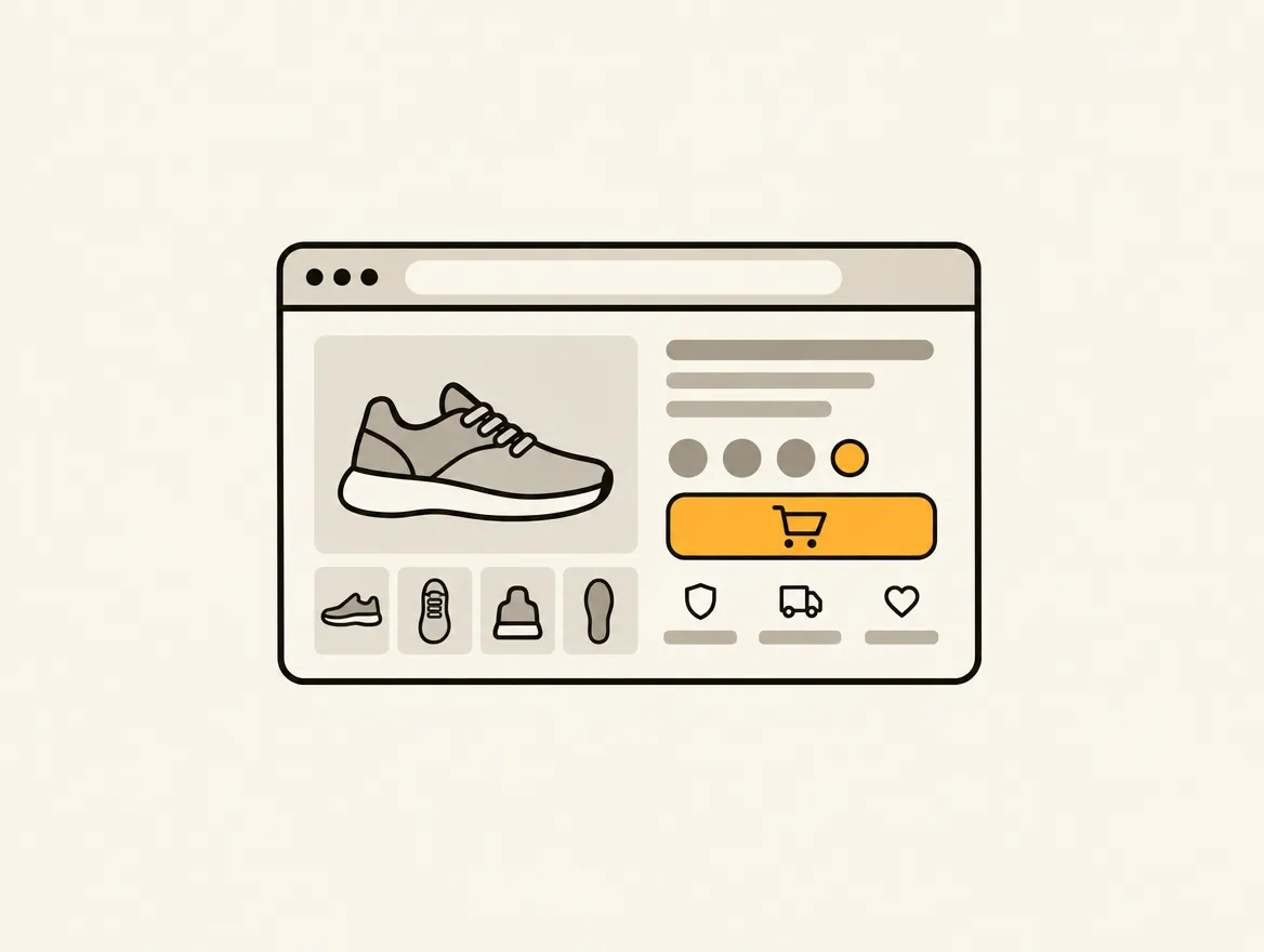 A minimalist illustration of a Shopify product page featuring a prominent orange add-to-cart button, variant selectors, and trust badges, representing elements reviewed in a CRO audit.