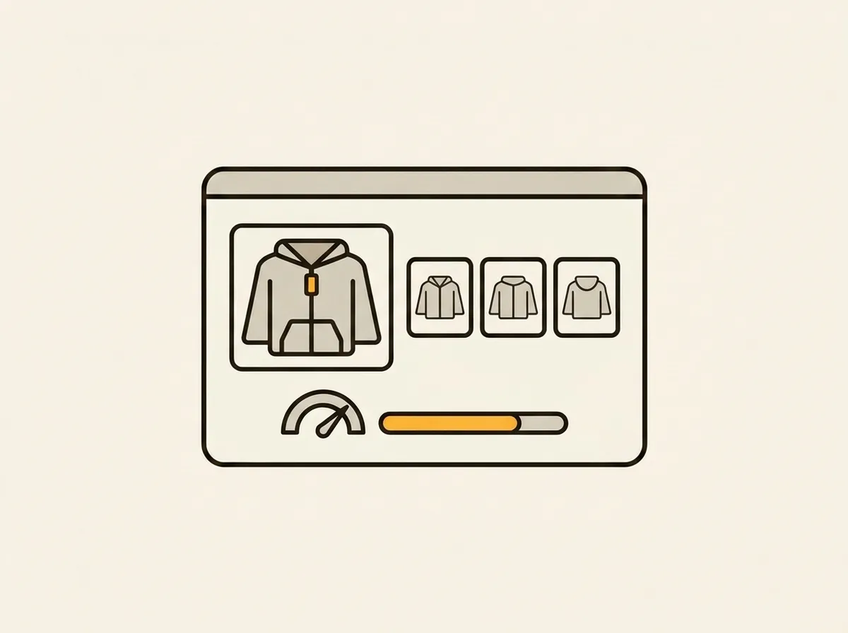A minimalist illustration of an e-commerce product page showing clothing images above a nearly full loading bar, representing fast image loading.