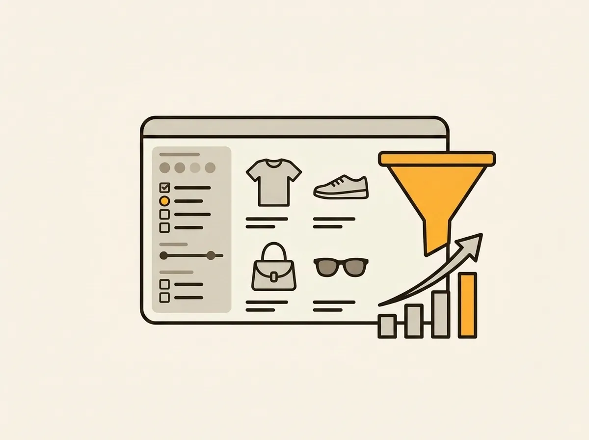 A minimalist illustration of a dropping sales chart inside a web browser next to a conversion funnel with a warning icon.