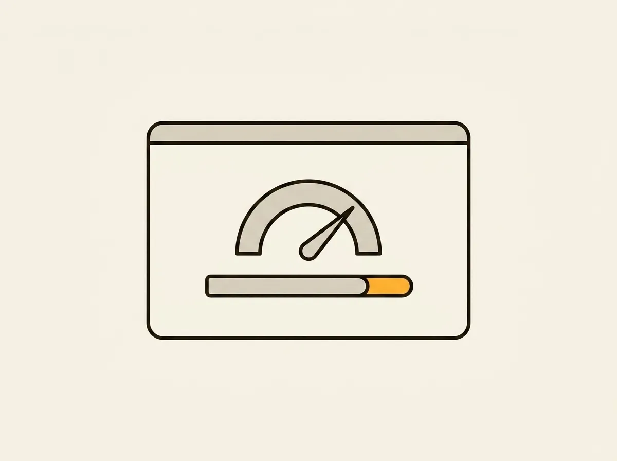 A stylized icon of a browser window showing a speedometer and a nearly full progress bar, representing fast loading or high performance.