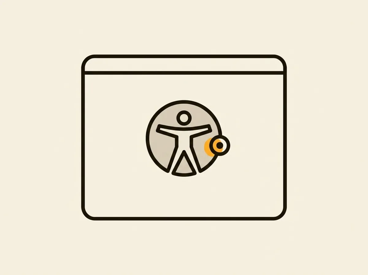 Stylized icon of a browser window showing an accessibility figure and an orange dot.