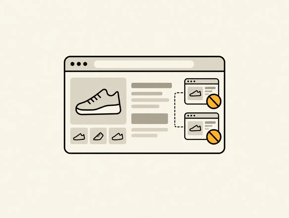 A minimalist illustration of a main e-commerce product page linked to two smaller, identical pages marked with orange 'do not enter' signs, representing the prevention of duplicate content.