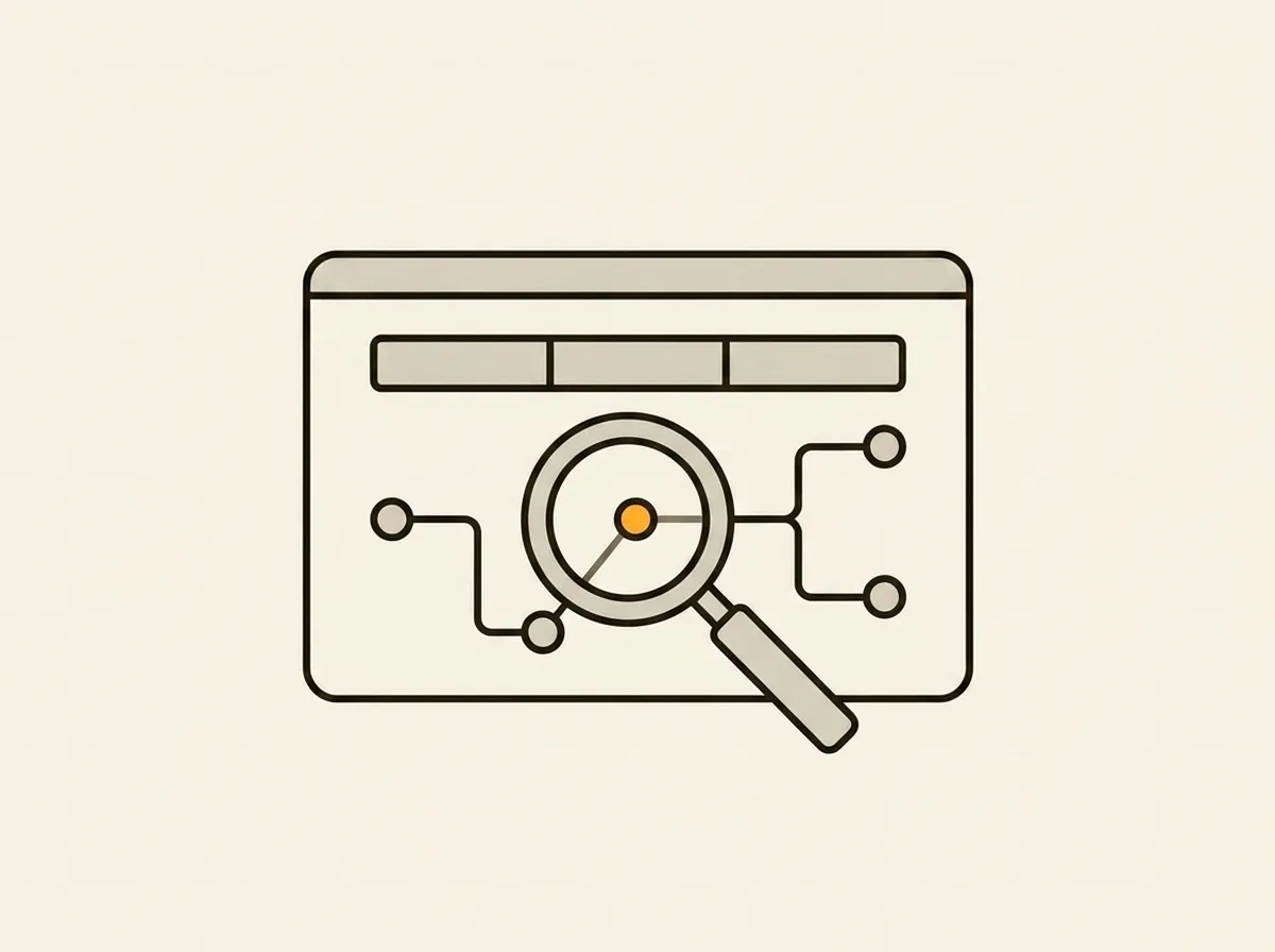 A minimalist illustration of a browser window where a magnifying glass is inspecting a branching user flow diagram, representing a navigation usability audit.