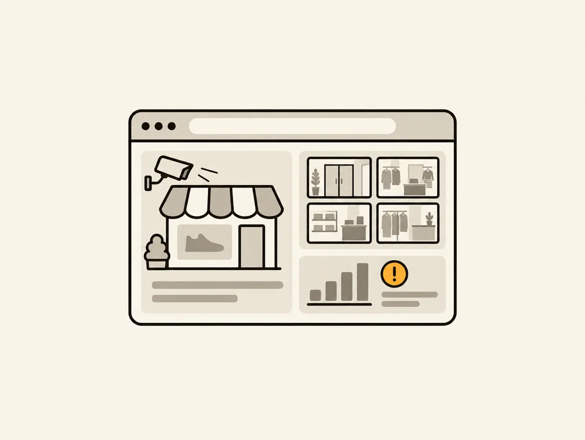 A minimalist illustration of a browser window displaying a retail monitoring dashboard, featuring an exterior camera view, four interior security feeds, and a data chart with an orange alert icon.