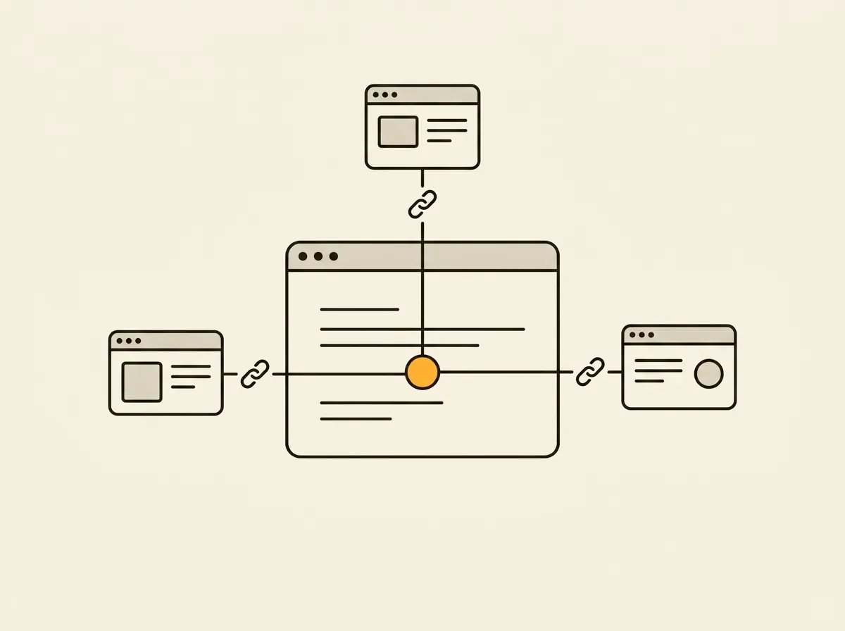 A minimalist illustration of a central web page connected to three smaller peripheral web pages via chain link icons, representing a digital linking strategy.