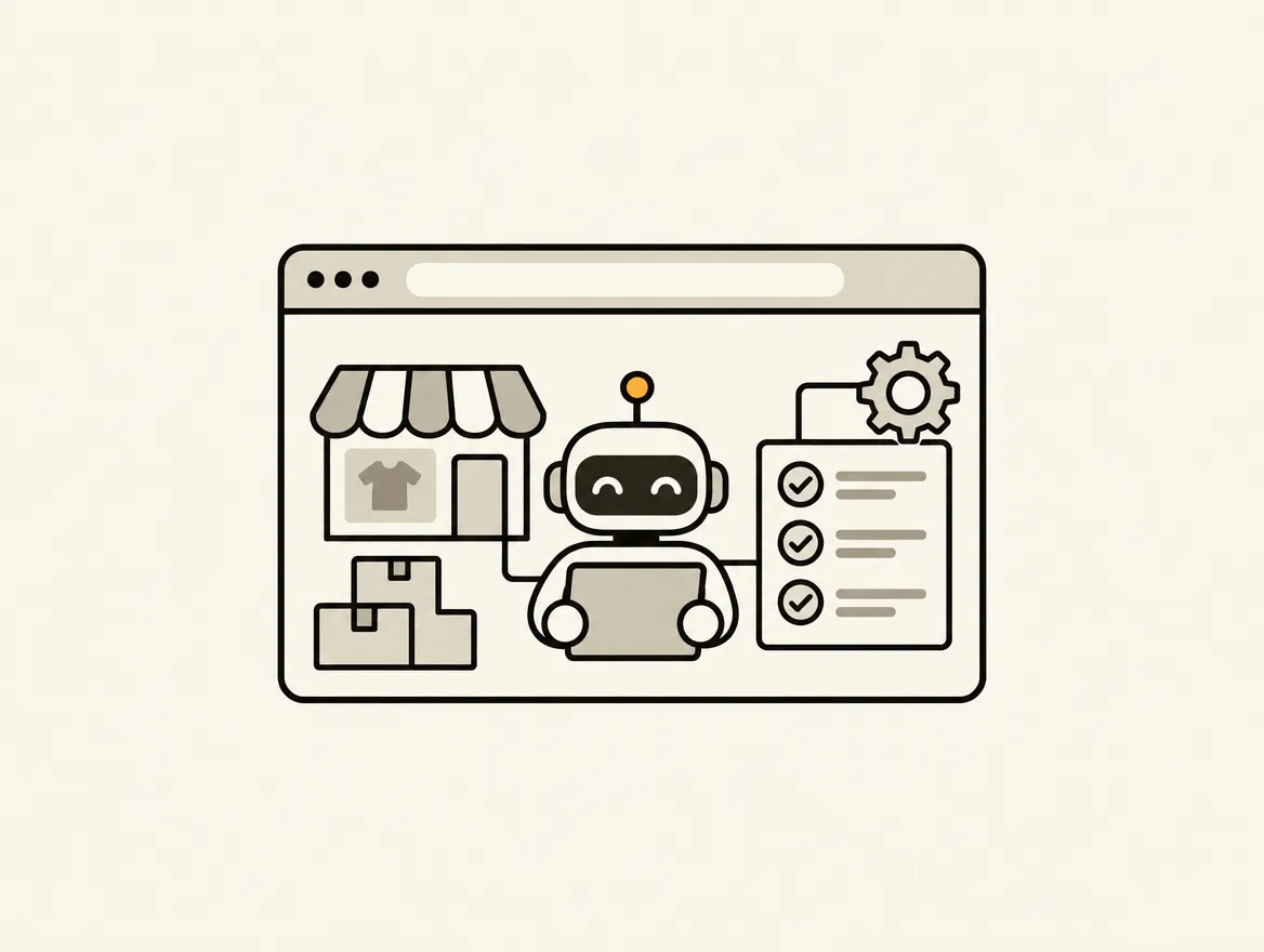 A minimalist illustration of a browser window showing a friendly robot standing between an e-commerce storefront and a technical checklist, representing automated store rules and robots.txt management.