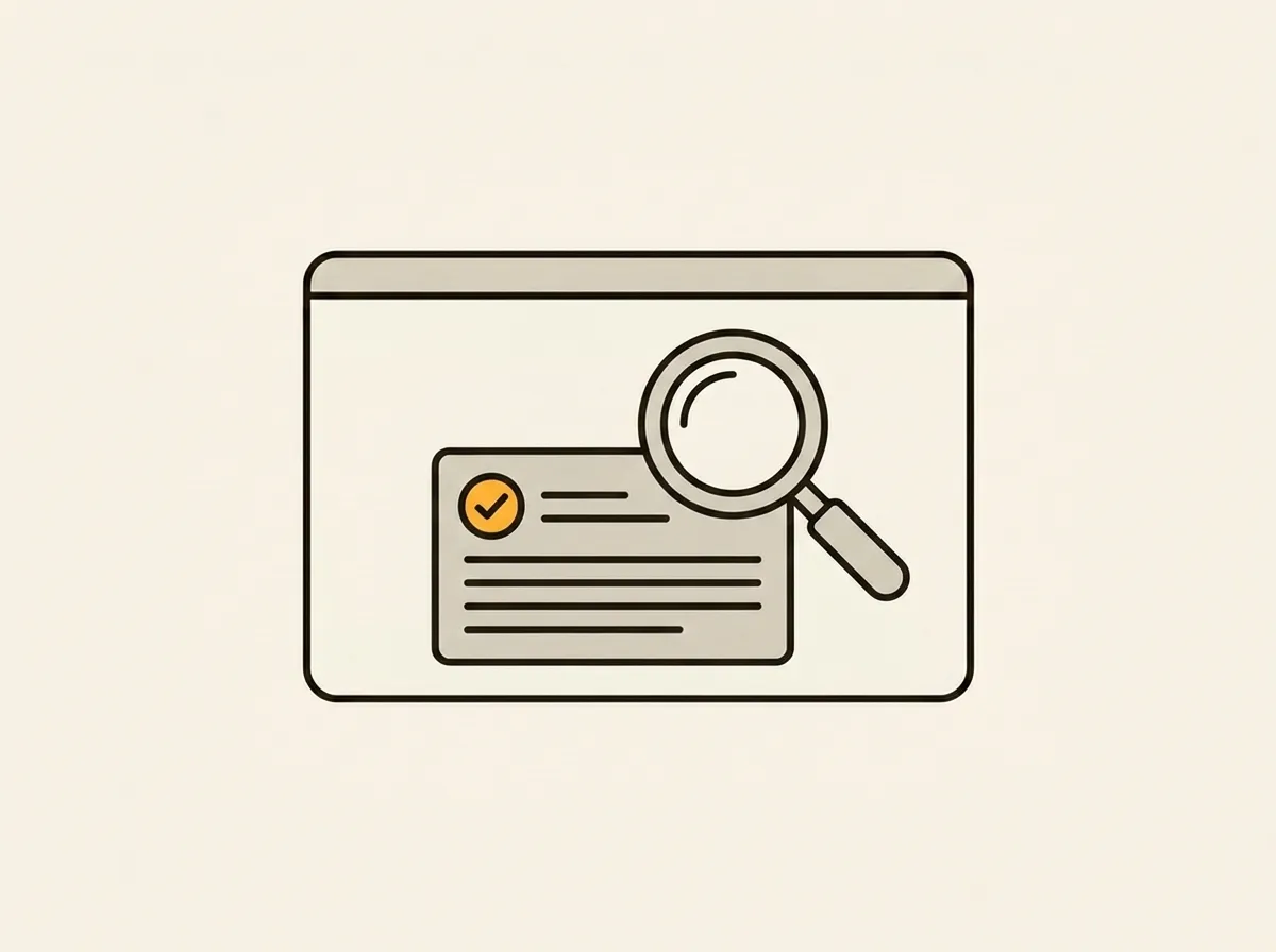 A minimalist illustration of a browser window showing a magnifying glass inspecting a featured snippet with an orange checkmark, representing Answer Engine Optimization (AEO).