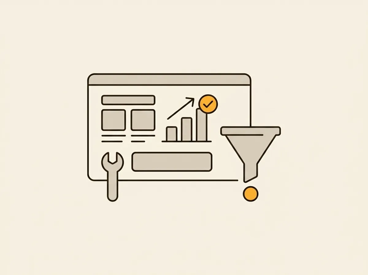 A minimalist illustration of a browser window displaying a rising bar chart, a wrench, and a conversion funnel dropping a coin, representing successful and implemented conversion optimization.