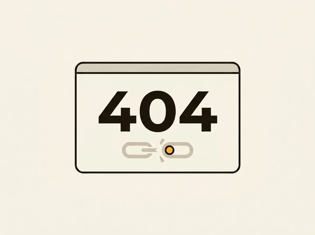 A minimalist illustration of a browser window displaying a large 404 error message above an icon of a broken chain link.